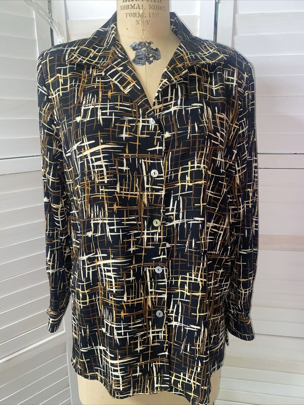 Vintage 80s Impressions Womenโs Button Front Top Blouse Black Brown Cream Medium